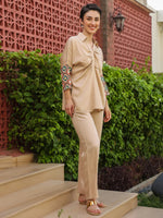Cream Shirt Collar Viscose Rayon Solid Shirt Co-ords Set for Women - SanskrutiHomes