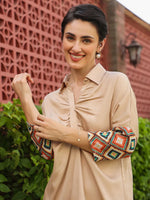 Cream Shirt Collar Viscose Rayon Solid Shirt Co-ords Set for Women - SanskrutiHomes
