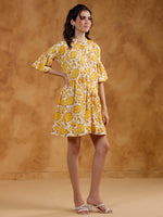 White Round Neck Printed Dress for Women - SanskrutiHomes