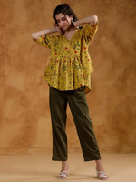 Yellow Color V-Neck Printed co-ords set for women - SanskrutiHomes