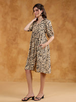 Beige Color Floral Printed Viscose Rayon dress for women - SanskrutiHomes