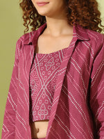 MYSTIC MAROON Bhandej Cotton 3 peice Co-ord set - SanskrutiHomes