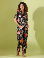 Black Cotton Printed Night Suit Set with Payjama - SanskrutiHomes