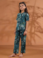 Green Round Neck Floral Printed Kids Night Suit Set - SanskrutiHomes