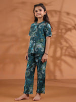 Green Round Neck Floral Printed Kids Night Suit Set - SanskrutiHomes