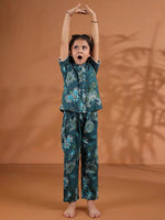 Green Round Neck Floral Printed Kids Night Suit Set - SanskrutiHomes