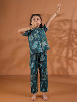 Green Round Neck Floral Printed Kids Night Suit Set - SanskrutiHomes