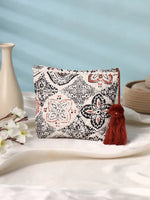 White Cotton Makeup/Travel Pouch with Tassels - SanskrutiHomes
