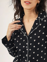 Heart print BLACK Cotton Night SUIT - SanskrutiHomes