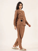 Brown Solid Cotton Round Neck Night Suit - SanskrutiHomes
