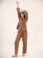 Brown Solid Cotton Round Neck Night Suit - SanskrutiHomes