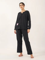Black solid Cotton Night SUIT - SanskrutiHomes