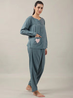 Teal Color Solid Cotton Night Suit for Women - SanskrutiHomes