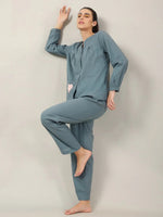 Teal Color Solid Cotton Night Suit for Women - SanskrutiHomes