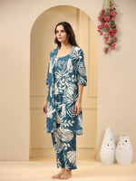 Teal Cotton Printed 3 PEICE Night Suit Set with Pyjama - SanskrutiHomes