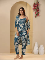 Teal Cotton Printed 3 PEICE Night Suit Set with Pyjama - SanskrutiHomes