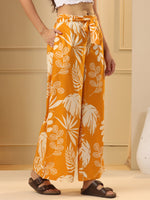 Mustard Yellow & White Floral Printed Flared Cotton Palazzos - SanskrutiHomes