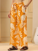 Mustard Yellow & White Floral Printed Flared Cotton Palazzos - SanskrutiHomes
