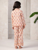 Pink Flower Printed Cotton Night Suit Set for Kids - SanskrutiHomes