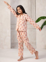 Pink Flower Printed Cotton Night Suit Set for Kids - SanskrutiHomes