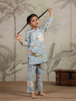 Blue Floral Printed Cotton Night Suit for Kids - SanskrutiHomes