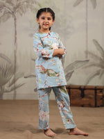 Blue Floral Printed Cotton Night Suit for Kids - SanskrutiHomes