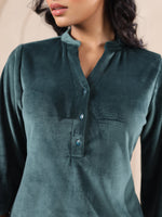 Olive Solid Velvet Night Suit Set - SanskrutiHomes