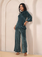 Olive Solid Velvet Night Suit Set - SanskrutiHomes