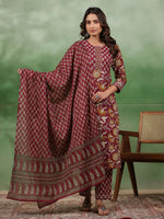 Women set of Pure Cotton 3 pcs Maroon Colour Straight Printed Kurta Sets - SanskrutiHomes