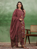 Women set of Pure Cotton 3 pcs Maroon Colour Straight Printed Kurta Sets - SanskrutiHomes