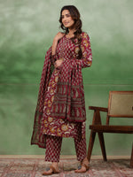 Women set of Pure Cotton 3 pcs Maroon Colour Straight Printed Kurta Sets - SanskrutiHomes