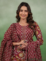 Women set of Pure Cotton 3 pcs Maroon Colour Straight Printed Kurta Sets - SanskrutiHomes