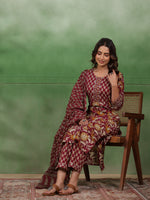 Women set of Pure Cotton 3 pcs Maroon Colour Straight Printed Kurta Sets - SanskrutiHomes