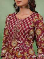 Women set of Pure Cotton 3 pcs Maroon Colour Straight Printed Kurta Sets - SanskrutiHomes