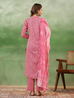 Pink Floral Print Round Neck Kurta Set for Women - SanskrutiHomes