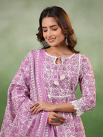 Purple Floral Printed Kurta Set with Dupatta - SanskrutiHomes