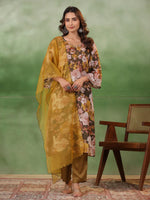 Olive V-Neck Silk Blend Kurta Set for Women - SanskrutiHomes