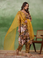 Olive V-Neck Silk Blend Kurta Set for Women - SanskrutiHomes