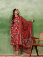 Maroon Cotton Round Neck Floral Printed Kurta Set for Women - SanskrutiHomes