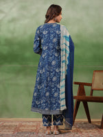 Blue Flower Printed Cotton kurta Suit Set - SanskrutiHomes