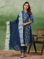Blue Flower Printed Cotton kurta Suit Set - SanskrutiHomes