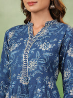 Blue Flower Printed Cotton kurta Suit Set - SanskrutiHomes