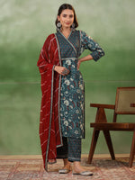 Sea Green Cotton Floral Printed V-Neck Kurta Set - SanskrutiHomes