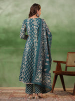 Women set of Pure Cotton 3 pcs Teal Colour Flared Printed Kurta Sets - SanskrutiHomes