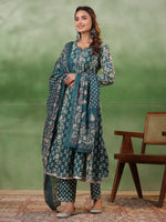 Women set of Pure Cotton 3 pcs Teal Colour Flared Printed Kurta Sets - SanskrutiHomes