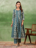 Women set of Pure Cotton 3 pcs Teal Colour Flared Printed Kurta Sets - SanskrutiHomes