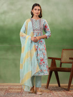 Blue Cotton Kurta Set with Dupatta - SanskrutiHomes