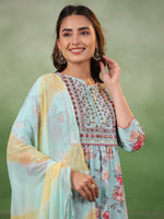 Blue Cotton Kurta Set with Dupatta - SanskrutiHomes