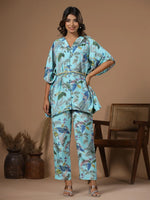 Floral baby blue Silk Blend Kaftan Kurta with Trousers - SanskrutiHomes