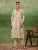 Floral Printed V-Neck Cotton Kurta Set - SanskrutiHomes